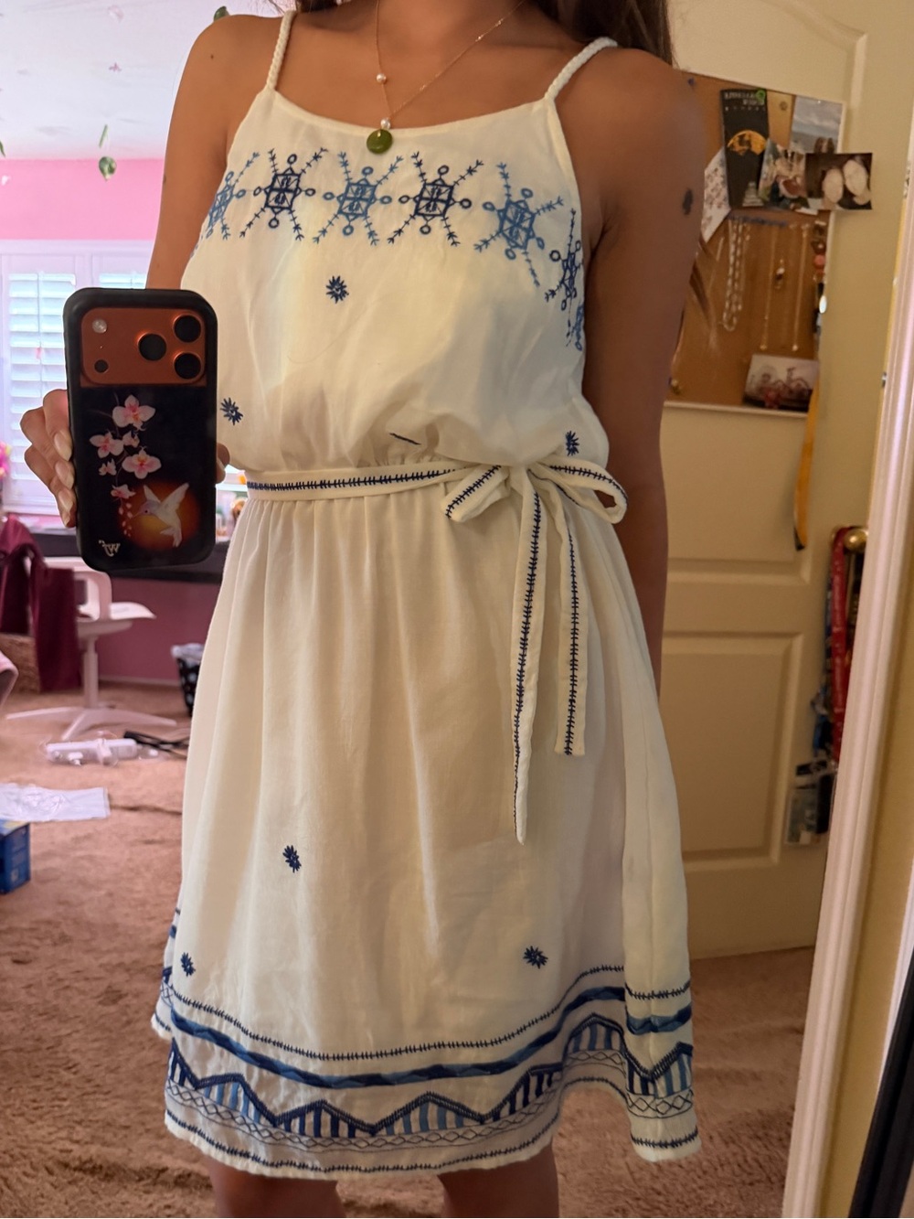 Aqua White Sundress with Blue Embroidery